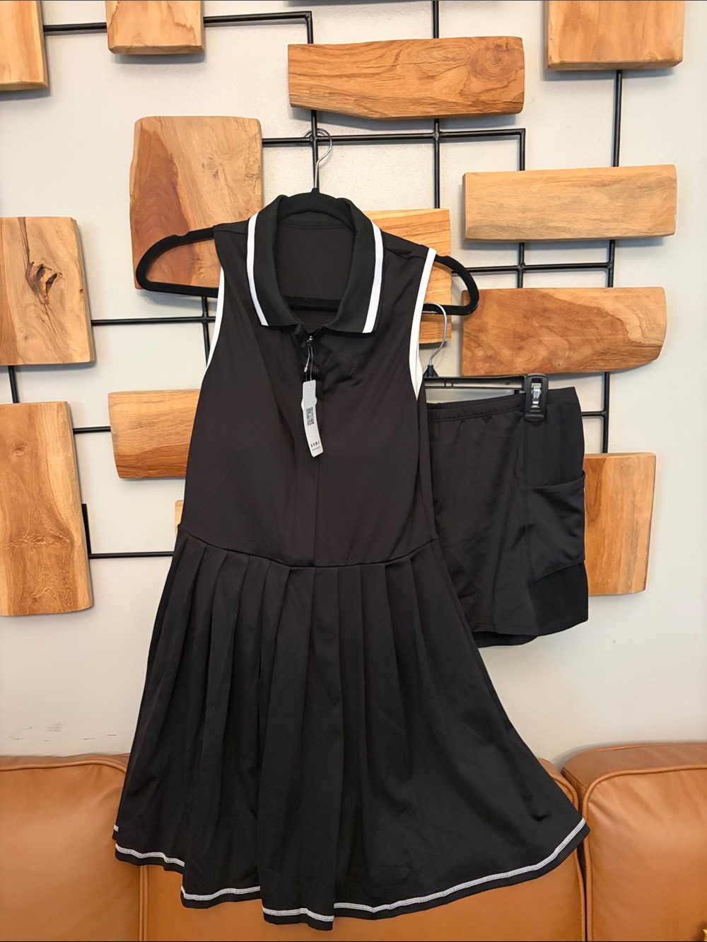 Black Sleeveless Pleated Tennis Dress with White Trim